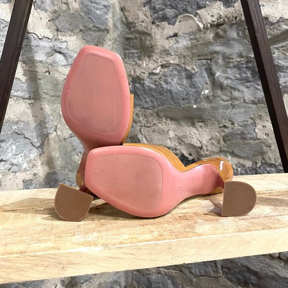 Amina Muaddi Caramel Patent Lupita Slipper Sandals - Picture 9 of 11